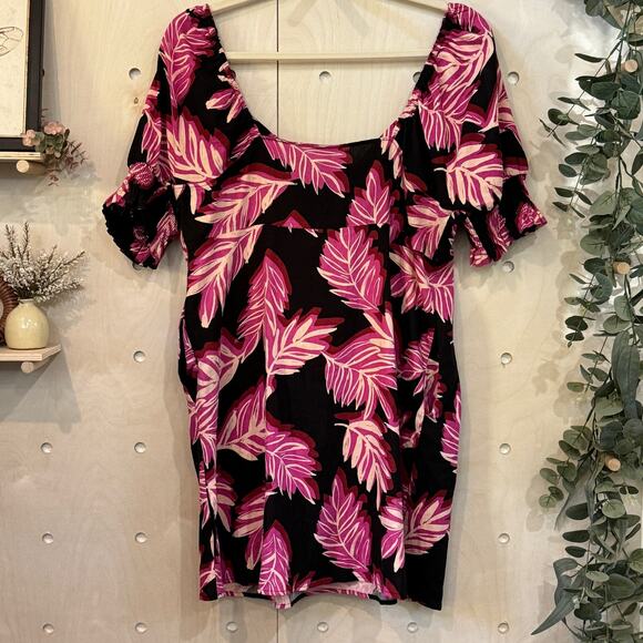 WHO WHAT WEAR Puff Sleeve Linen Blend Dress NEW Size XXL Pink Black Leaf Print - Picture 4 of 11